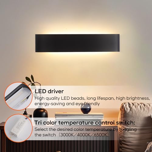 YCZM Indoor Wall Light 24 W, LED Indoor Wall Lamp 3000 K/4000 K/6500 K Temperature Three Colours Optional, 38 cm 2880 lm, Wall Lamp 4 Pieces Black