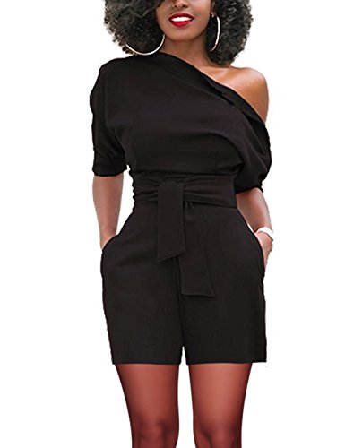 Women's Sexy One Shoulder Solid Jumpsuits Causal Romper with Belt(M, Black 1#)