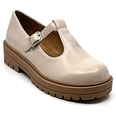 Soda Women's Mary Jane Shoes Oxford Dress Shoes Round Toe T-Strap Platform Chunky Heel Pumps Shoes-Tangia Bone Pu 9
