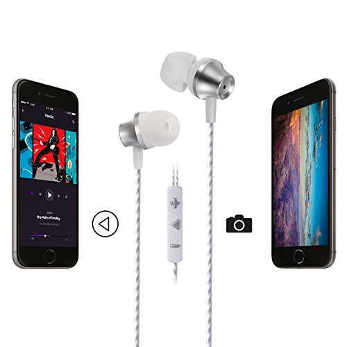 In-Ear Earbuds With Selfie, Kicoeoy Wired Earphones Stereo Bass Headphones Noise Cancelling Headset With Built-in Mic and Volume Control 3 Extra Silicone Ear buds(S/M/L) (Silver)