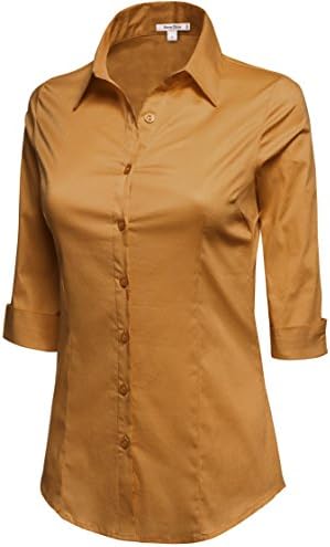 REVENINE Women's Solid Slim Fit 3/4 Sleeve Button Down Collar Shirt Medium Mustard