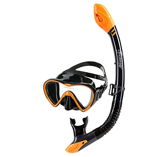 Seavenger Silicone Tempered Glass Mask Dry Top Snorkel Combo Set (Black Silicone Orange)