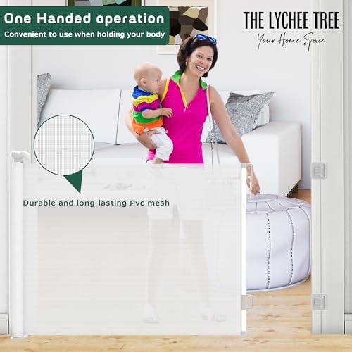 Retractable Stair Gate Extend up to 55” wide, 33.86” Tall with Drilling and Non-Drilling Accessories, Baby Gate One Handed Silent Operation Grey Dog Gate for Stairways/Indoor/Outdoor (White)