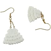 Handcrafted White Crochet Dangle Earrings, Elegant Tiered Design, Gold-Tone Hook, Traditional Style