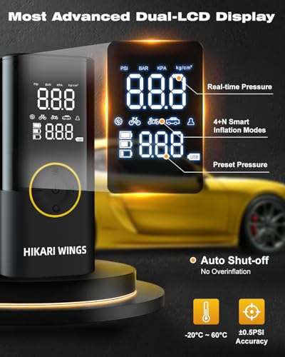 Hikari 6X Faster Portable Tire Inflator, 1 MIN to Full, 20000mAh Battery, 150PSI Cordless Air Compressor Pump with Digital Pressure Gauge, Extended Hose, LED Light for Car Bike Motorcycle Balls
