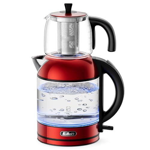 Feller Germany TS289 2-in-1 Tea Maker, 2L German Schott Glass Kettle + 1L Teapot, 2200W Strix Control, Keep Warm, BPA Free, Stainless Steel Filter (Red)