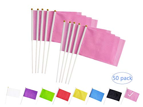 tibijoy 50 Pack Pink Stick Flags, Hand Held Small Pink Flags On Stick,Perfect Decorations Themed Party,Sports Clubs,Festival Events,Garden,Golf Course,Playground,Flower Pot