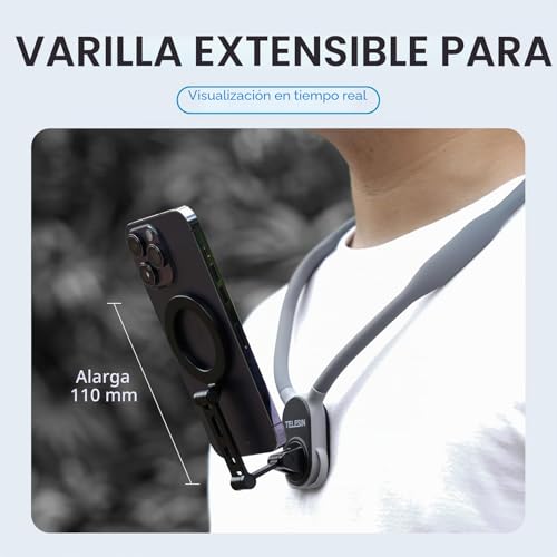 TELESIN MAX Expanded Magnetic Neck Holder for Phones, POV/Vlog Phone Neck Holder, Magnetic Neck Holder with Anti-Shock Chest Strap for iPhone Android (Grey)