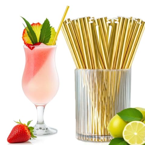 Photo 1 of 100 Pack Gold Paper Straws Disposable Biodegradable Cocktail Drinking Cake Pop Sticks for Bachelorette Party Favors Birthday Holiday Celebrations Decor Supplies Anniversary Wedding New Year