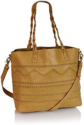 Boho Artisan Vegan Leather Large Shoulder Bag Vintage Messenger Top Handle Purse (Camel)