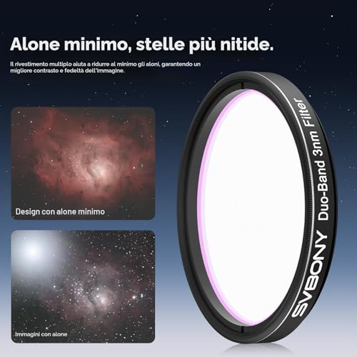 Svbony SV220 Filtro per Telescopio, H-Alpha e OIII, 3 nm Doppia Banda 2" Filtro Nebuloso, Imaging con Alone Minimo, Compatibile con Full Frame, Accessorio per Telescopio OD5, per Astrofotografia