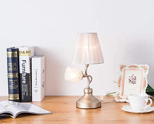 SALSA LIGHTING Crafted Table Lamp Colored Pomegranate Flower Accen Shaped Glass Shade + Cloth Shade Desk Lamp with Bronze Base for Art Deco, Bedside,Bedroom,Dining Room,Living Room, Silver