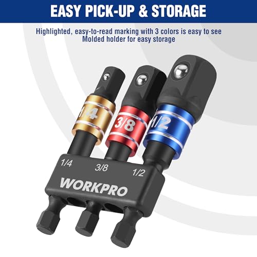 WORKPRO Socket Adapter Set 3 Pieces, Socket Adapter for Drill with 1/4 Inch Hex Shank, 1/4 Inch, 3/8 Inch and 1/2 Inch Converter, Impact Wrench Adapter and Screwdriver
