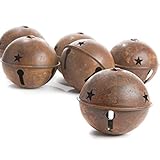 Package of 6 Large Rusty Tin Jingle Bells with Star Cutouts for Holiday and Home Decor