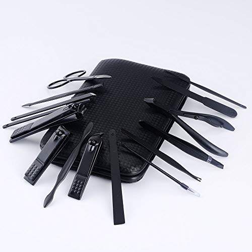 15pcs/Set Black Stainless Steel Nail Clipper Cutter Trimmer Scissor Tweezer Knife Ear Pick Grooming Kit Manicure Set Pedicure Toe Nail Art Tools Set Kits with Travel Case