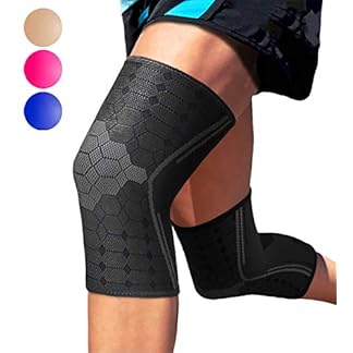 Black Sparthos Knee Compression Sleeve worn on a person's leg, featuring a breathable hexagonal design, with color options (pink, beige, blue) shown on the side.