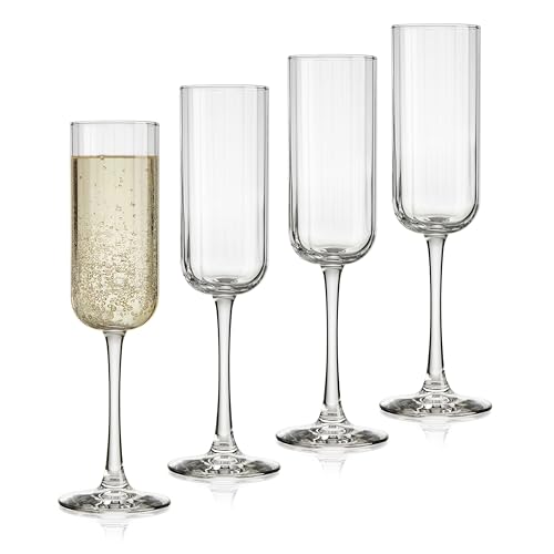 Libbey Paneled Champagne Flute Glasses, 7.5 Oz Fine Ribbed Line Champagne Glasses Set of 4, Dishwasher Safe Clear Glasses for Champagne