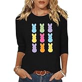 peugryu Women 3/4 Sleeve Shirts Cute Bunny Easter Eggs Graphic Shirts Spring Comfortable Basic Colorful Tops Blouse