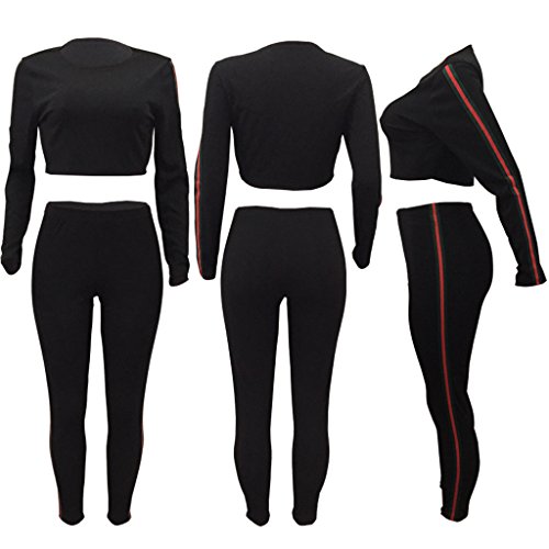 Mojessy Womens Activewear Sports Set Long Sleeve Crop Top + Skinny Pants 2 Piece Outfits Tracksuits Small Black - Thumbnail 3