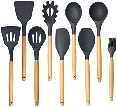 Silicone Kitchen Utensils 9-Piece Cooking Utensils Set with Wood Handles for Nonstick Cookware，Eco-friendly, BPA free, Non-stick Silicone Cooking Utensils Set（Black)