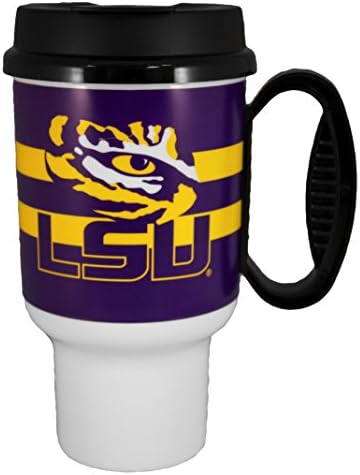 GameDay Novelty NCAA LSU Tigers Striped Insulated Travel Mug with No Spill Flip Lid & Handle, 20 oz
