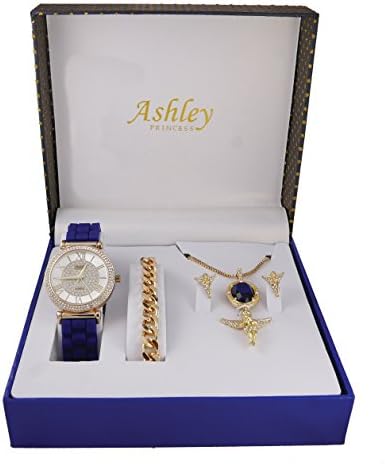 Iced Out Ladies Praying Guardian Angel Sapphire Gem Pendent with Gold Necklace, Earrings, Gold Bracelet and Ladies Watch. Jewelry Set - 1412/8229-AG Sapphire Blue