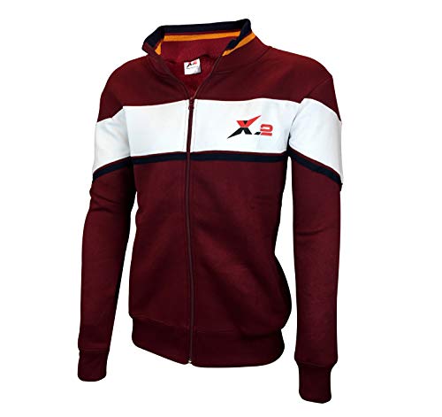 X-2 Mens Full Zip Fleece Tracksuit Jogging Sweatsuit Activewear White-Maroon XXL