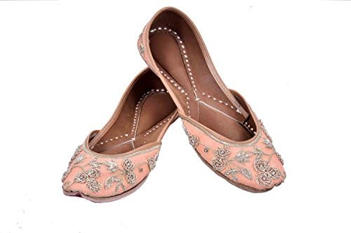 Indian Ethnic Embroidered Jutti Mojari Ballet Flats Traditional Peach Pump Shoes for Women