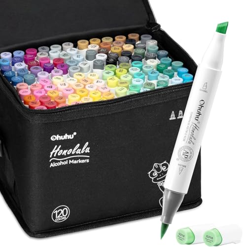 Ohuhu Marcadores de Alcohol Punta Pincel - Set de Marcadores de Arte de Doble Punta para Artistas Adultos Colorear e Ilustración - 120 Colores - Pincel y Cincel Dobles Puntas - Honolulu de Ohuhu
