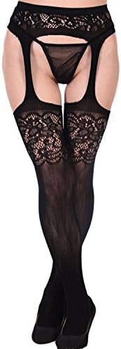 SUNNORN Women's Sexy Lace Lingerie High Waisted Garter Belt Pantyhose/Stockings (Black)