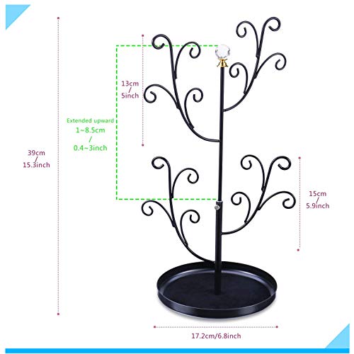 Keebofly Jewelry Organizer Tree Stand Earring Ring Organizer Display for Lover or Friend, Necklace Holder with Adjustable Ideal for Birthday Gift or Any Activities - Black