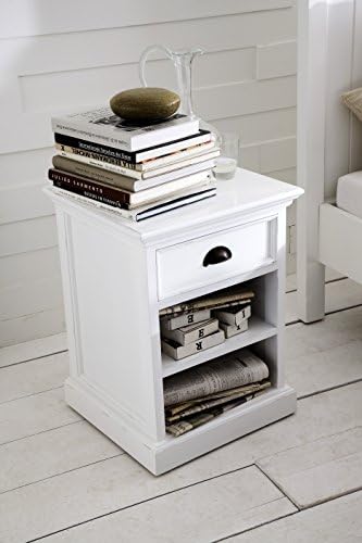 NovaSoloHalifax Pure White Mahogany Wood Bedside/Side Table/Night Stand/End Table With 2 Shelves And Drawer
