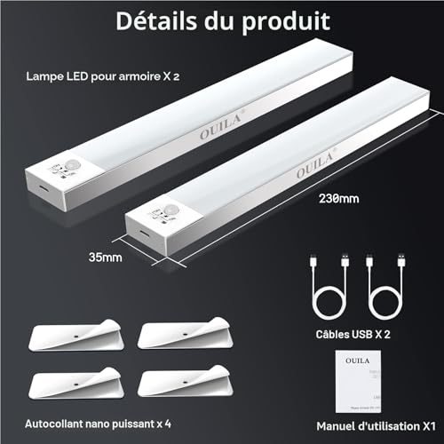 Lampe d'Armoire 36 LEDs, Rechargeable USB Sans Fil LED Lampe de Placard à Détecteur de Mouvement, Éclairage à LED étude de Cuisine Veilleuse Escalier Couloir (2 Pack)