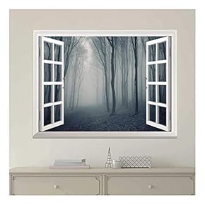Modern White Window Looking Out Into a Dark Foggy Forest - Wall Mural, Removable Sticker, Home Decor - 24x32 inches
