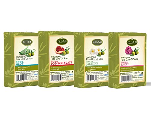 Kalliston | Olive Oil Soap Assorted aroma | Aloe, Pomegranate, Jasmine & Rose | All Natural | Made in Ancient Crete, Greece | (Pack of 4)