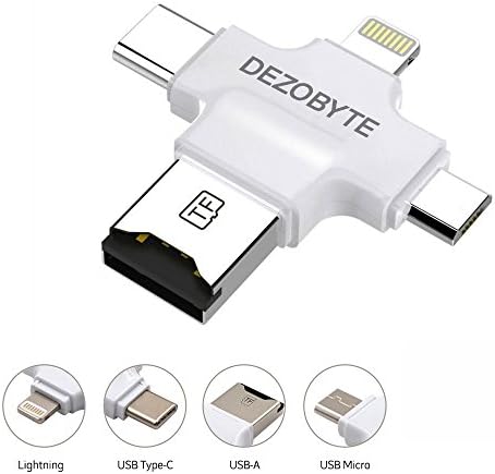 DezoByte 4 in 1 Micro SD Card Reader with Lightning/USB/Micro USB/Type C Connector for iPhone iPad Android Type C phones/Mac/PC