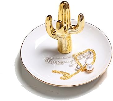 Bling Cute Golden Cactus Elk Cat Ceramic Round White Plate Design Shape Jewelry Crafts Trinket Tray Organizer Ring Desk Dish Holder Gift for Daughter Girlfriend Wedding Birthday Office Home Decoration