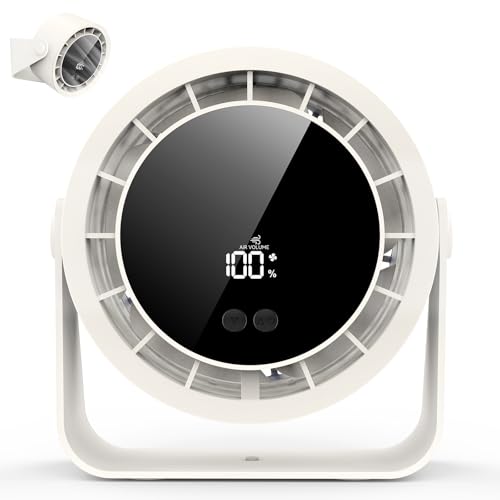 Neqraxis Bianca Desk Fan, Silent Table Fan, Mini USB Fan, Rechargeable 3600 mAh, 360° Rotation, LED Screen Small Fans for Bedroom, Office, Camping, Home
