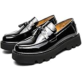 Men's Black Soft Patent Leather Platform Chunky Heel Loafers Fashion Tassel Business Casual Formal Work Shoes Non-Slip Lug Sole Slip-On Penny Loafers