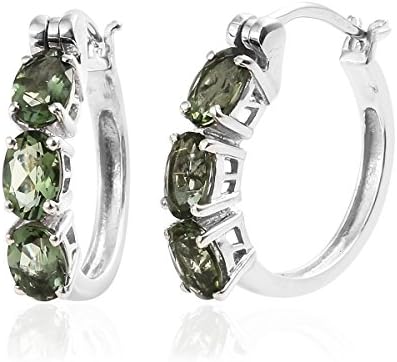 925 Sterling Silver Platinum Plated Oval Moldavite Hoop Earring for Women