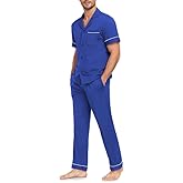 COLORFULLEAF Men's 100% Cotton Pajamas Set Button Down Short Sleeve Sleepwear Long Pants Pjs for Men with pockets