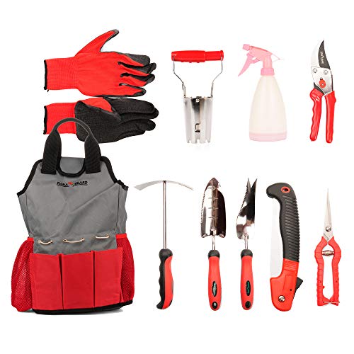 FLORA GUARD Garden Tools Set, 10 Pieces Gardening Tools Hand Tools Garden Gifts Multifunctional Set with a Kit