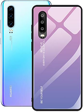 Heroasnice P30 Case Compatible with Huawei P 30 Cases Gradient Huwai 30P Cover Para 【Tempered Glass Back Cover】 Bumper P30case Phone Shell 6.1inch (Pink&Purple)