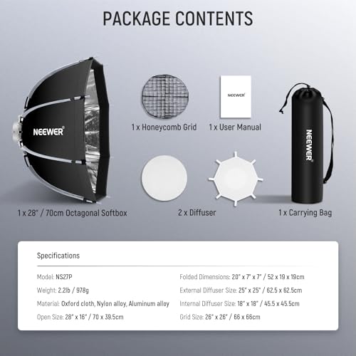 NEEWER 28"/70cm Octagonal Softbox, Quick Release Bowens Mount Softbox with Honeycomb Grid, Light Diffusers, Bag for RGB CB60 CB60B CB200B MS60B MS60C MS150B S101-300W/400W Pro Vision 4 Q4, NS27P