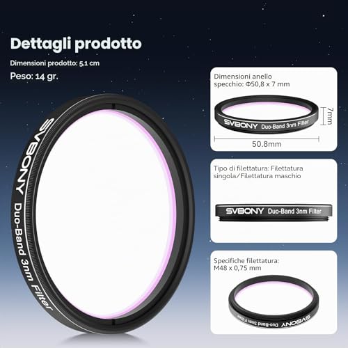 Svbony SV220 Filtro per Telescopio, H-Alpha e OIII, 3 nm Doppia Banda 2" Filtro Nebuloso, Imaging con Alone Minimo, Compatibile con Full Frame, Accessorio per Telescopio OD5, per Astrofotografia