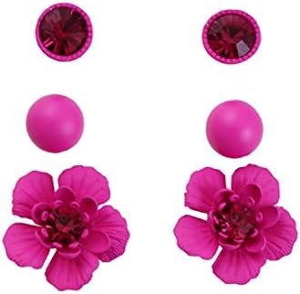 [Little B House] Rose Red Color 3 Pairs Flower Alloy Earrings 2.1cm - ER217 Rose Red