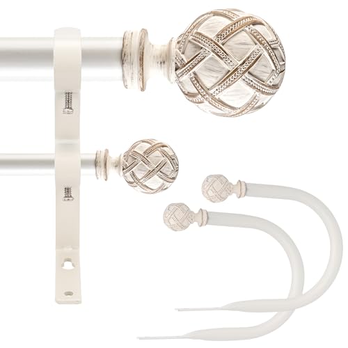 Ycolnaefllr 1 Inch Diameter Double Curtain Rod Set Double Curtain Pole Rail Adjustable from 28 to 48 Inch(71cm-121cm) with Curtain Holdbacks Double Window Curtain Rod Set Oil Weathered White
