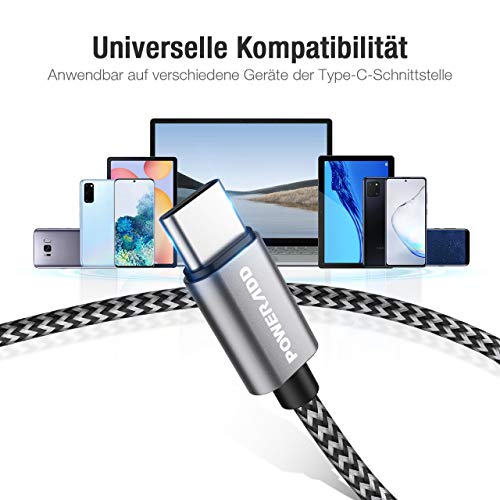 POWERADD USB Type-C Kabel Nylon Ladekabel und Datenkabel 4 Stück 0.5M 1M 2M 3M USB C Sync Schnellladekabel für Samsung Galaxy S10/S9/S8+, Huawei P30/P20, HTC 10, LG G5/G6 usw (Grau)