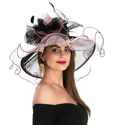 Women's Organza Church Kentucky Derby British Fascinator Bridal Tea Party Wedding Hat Summer Ruffles Cap（Rose Black Line） - Thumbnail 7
