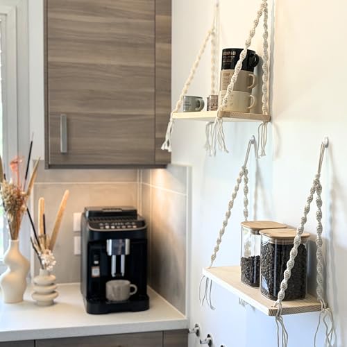 Mekase Set of 2 Wooden Hanging Wall Shelves with Macrame Rope - Cocooning Bohemian Wall Decor for Plants, Bedroom, Living Room, Bathroom, No Drilling, Scandinavian Boho Style